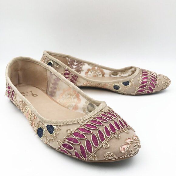 MIX NO. 6 Riladda Mesh Embroidered Tan Neutral Ballet Flats Womens 8.5 - Picture 1 of 8